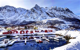 冬、雪、湾、山、住宅、ボートでノルウェー HDの壁紙