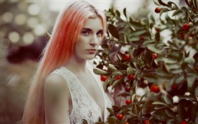 赤い髪の少女、果実、果物 HDの壁紙