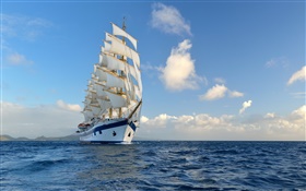 ヨット、ボート、青い海、空、雲 HDの壁紙
