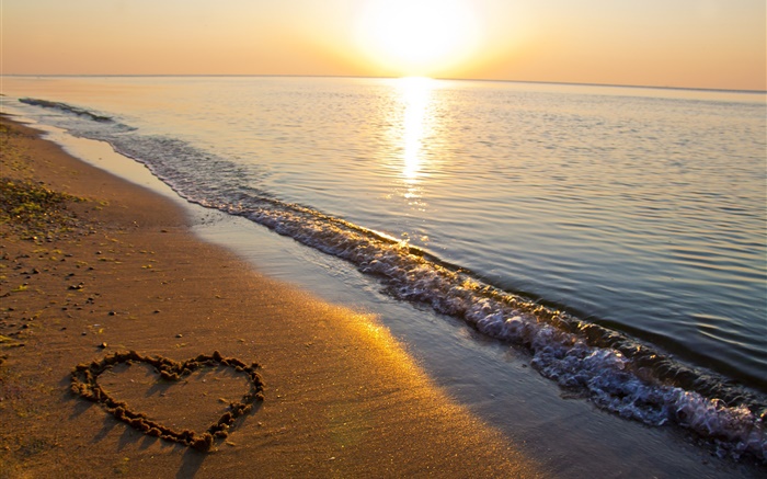 砂浜、海は、日没は、愛の心が形 壁紙 ピクチャー