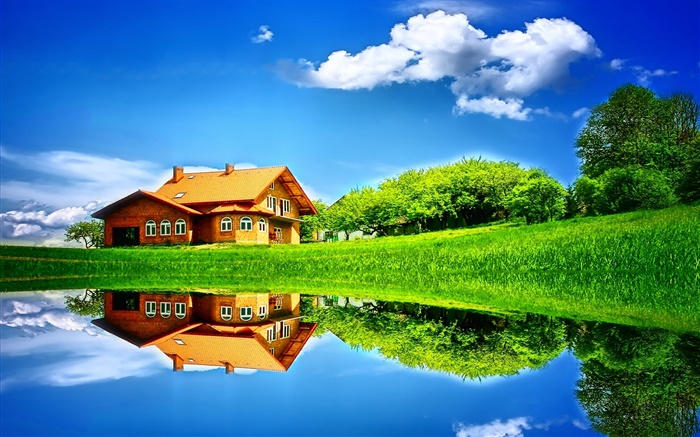 夏、湖、家、木、草、水の反射 壁紙 ピクチャー