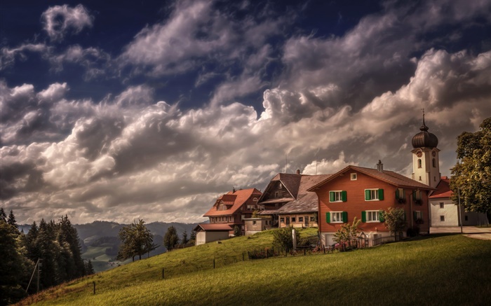 スイス、ハイリグクロイツ、家、スロープ、木、雲 壁紙 ピクチャー