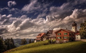 スイス、ハイリグクロイツ、家、スロープ、木、雲