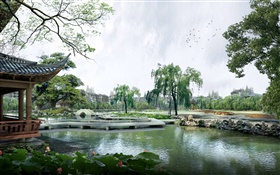 3Dデザイン、公園、湖、パビリオン、木、ブリッジ HDの壁紙