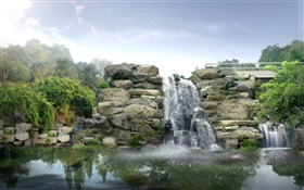 3Dデザイン、岩、滝