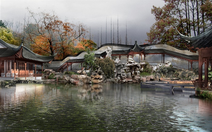 3D公園の設計、湖、パビリオン、木、秋 壁紙 ピクチャー