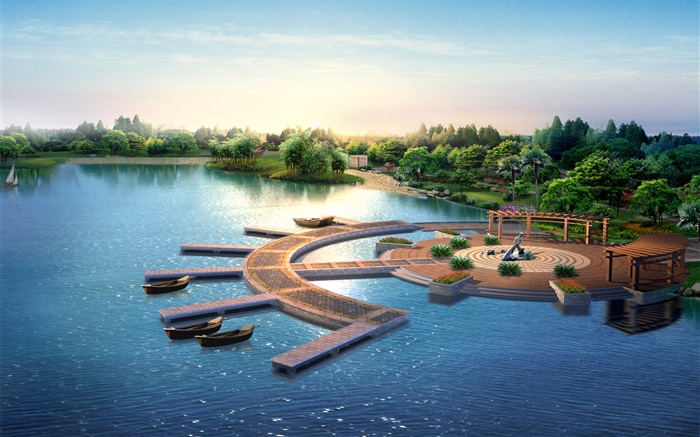 3D公園の設計、レンダリング、桟橋、ボート、木、湖 壁紙 ピクチャー