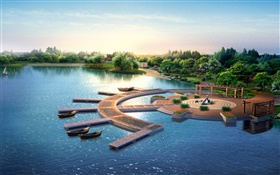 3D公園の設計、レンダリング、桟橋、ボート、木、湖