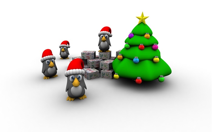 3D写真、クリスマスツリー、ペンギン、ギフトボックス 壁紙 ピクチャー