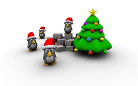 3D写真、クリスマスツリー、ペンギン、ギフトボックス HDの壁紙