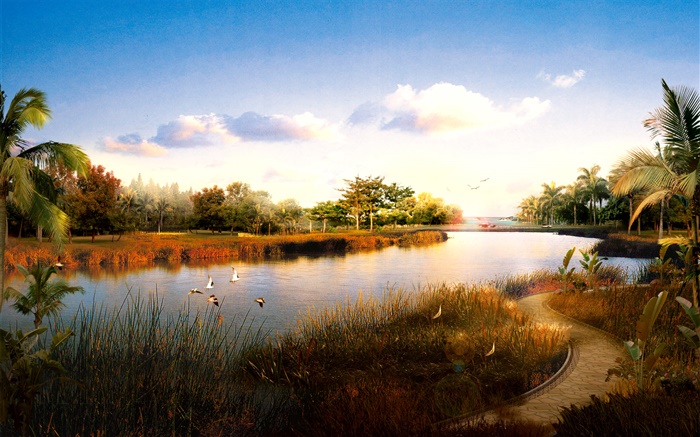 風景、川、草、鳥、ヤシの木、夕日をレンダリング3D 壁紙 ピクチャー