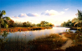 風景、川、草、鳥、ヤシの木、夕日をレンダリング3D HDの壁紙