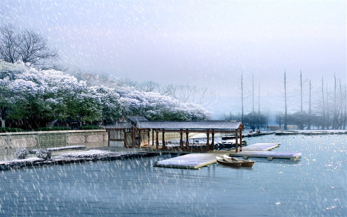 風景、ドック、冬、雪、木、川をレンダリング3D 壁紙 ピクチャー