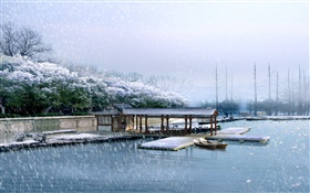 風景、ドック、冬、雪、木、川をレンダリング3D HDの壁紙
