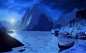 アートの絵画、雪、夜、月、家、山、ボート、川 HDの壁紙
