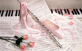 バレエシューズ、フルート、ピンクのバラ、楽譜 HDの壁紙