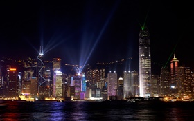 美しい香港、都市の夜、高層ビル、ライト、海 HDの壁紙