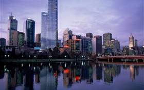 美しい街、夕暮れ、川、橋、建物、オーストラリア