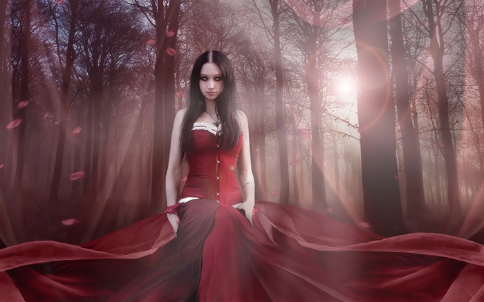 美しいファンタジーの女の子、赤いドレス、森、日 壁紙 ピクチャー