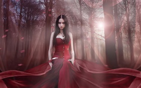 美しいファンタジーの女の子、赤いドレス、森、日 HDの壁紙