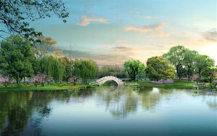 美しい公園の湖、橋、木、3Dデザイン 壁紙 ピクチャー