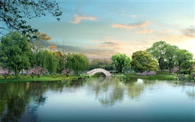 美しい公園の湖、橋、木、3Dデザイン