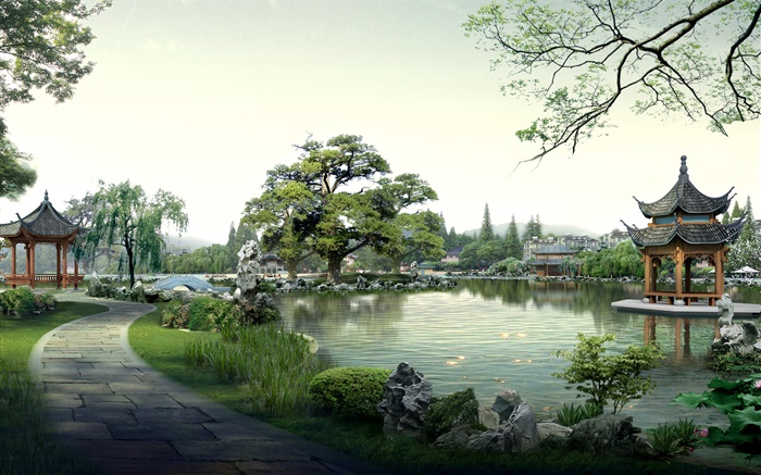 美しい公園、湖、石は、パビリオン、木は、パス、3Dデザインをレンダリング 壁紙 ピクチャー