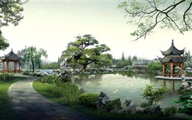 美しい公園、湖、石は、パビリオン、木は、パス、3Dデザインをレンダリング