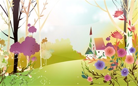 美しい春、花、木、日、家、ベクトルのデザイン HDの壁紙