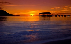 ハワイ、アメリカ、海、赤スタイル、桟橋の美しい夕日