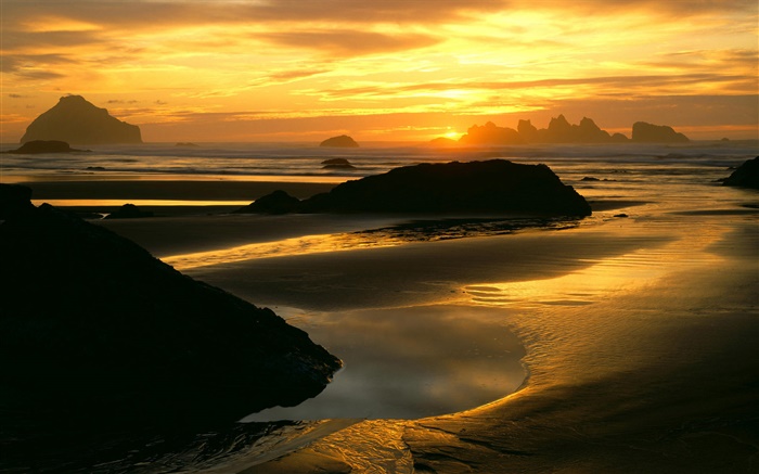 美しい夕日、海、海岸、岩、赤い空 壁紙 ピクチャー