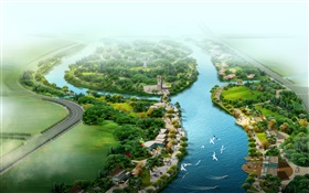 美しい上面図、公園、川、草、木、鳥は、3Dデザインをレンダリング