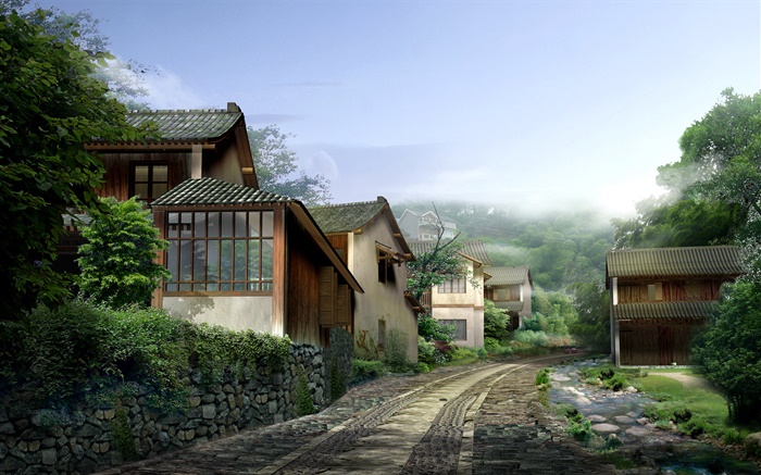 美しい村、住宅、道路、石、霧、3Dデザインをレンダリング 壁紙 ピクチャー