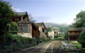 美しい村、住宅、道路、石、霧、3Dデザインをレンダリング