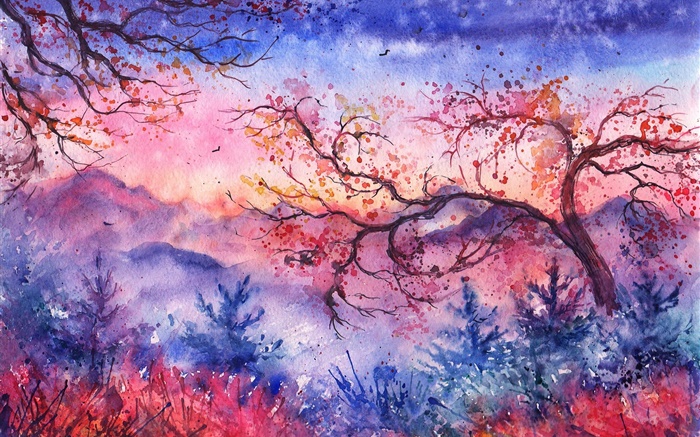 美しい水彩画、夜、木、山、赤スタイル 壁紙 ピクチャー