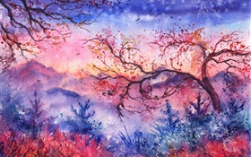 美しい水彩画、夜、木、山、赤スタイル HDの壁紙