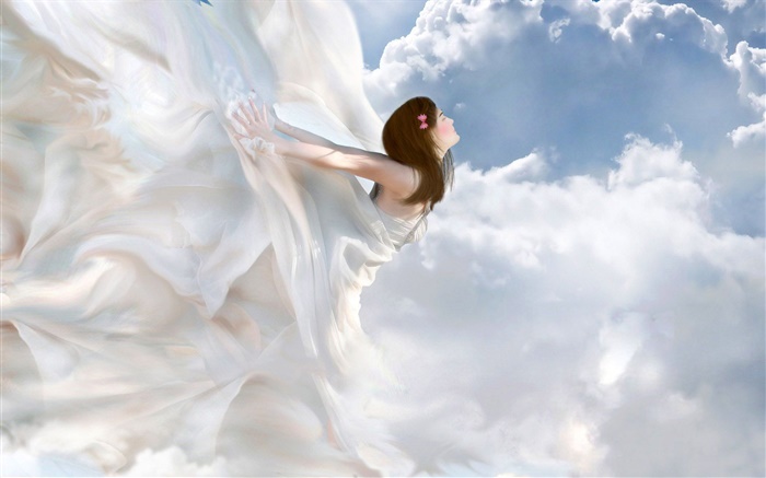 美しい白いドレスの天使、ファンタジーの女の子、雲 壁紙 ピクチャー