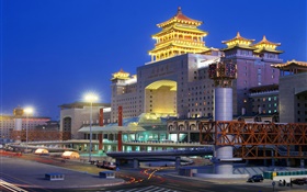 北京西駅、夜、都市、ライト、中国