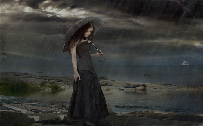 雨の夜、傘に黒いドレスのファンタジー少女 壁紙 ピクチャー