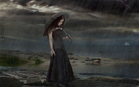 雨の夜、傘に黒いドレスのファンタジー少女 HDの壁紙