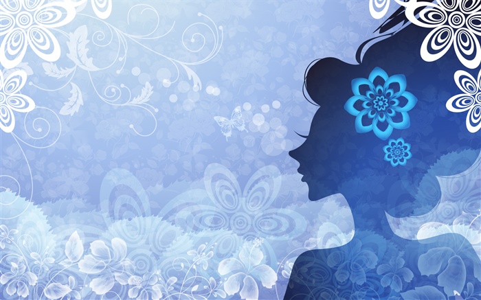 青色の背景、ベクトル、女の子、花、蝶 壁紙 ピクチャー