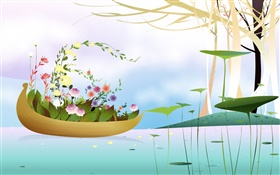 ボート、花、木、川、春、創造的、ベクトルのデザイン