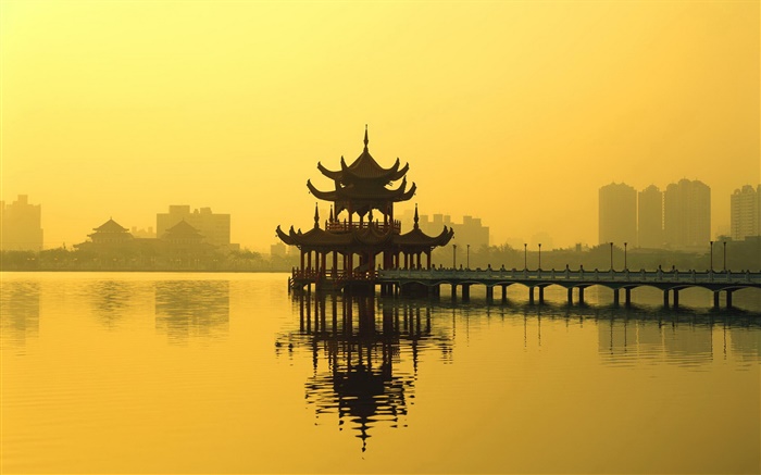 中国の風景、パビリオン、湖、夕暮れ 壁紙 ピクチャー