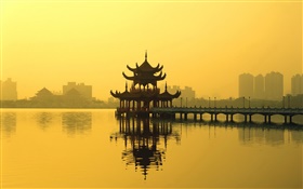 中国の風景、パビリオン、湖、夕暮れ HDの壁紙