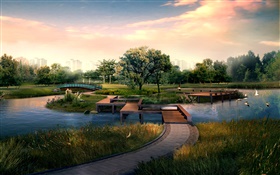 都市公園、木製の橋、川、鳥、木、3Dデザイン HDの壁紙