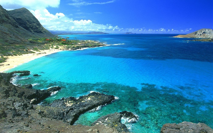海岸、青い海と空、ハワイ、アメリカ 壁紙 ピクチャー