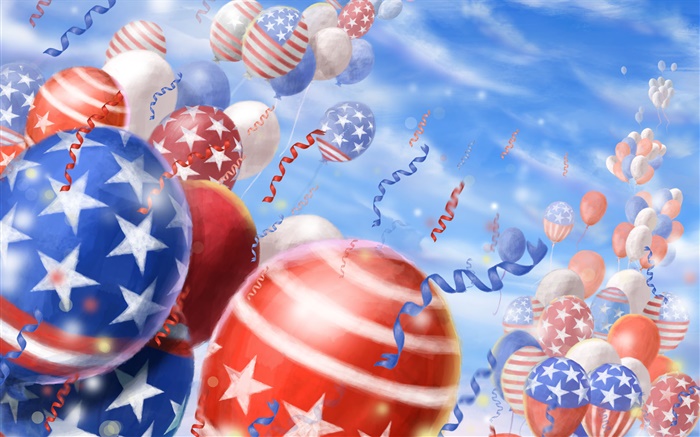 カラフルな風船、祭り、空、アメリカの国旗 壁紙 ピクチャー
