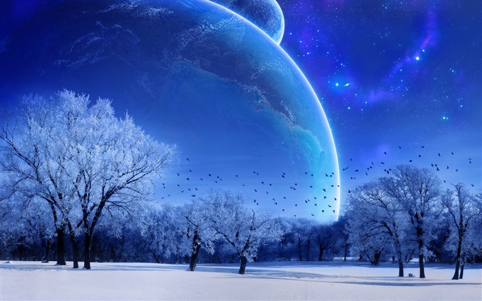世界、冬、木、鳥、惑星、青いスタイルドリーム 壁紙 ピクチャー