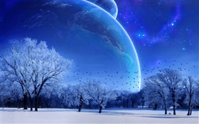 世界、冬、木、鳥、惑星、青いスタイルドリーム