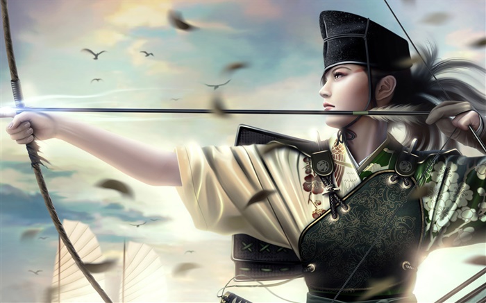 ファンタジーアジアの女の子、戦士、弓、ボート 壁紙 ピクチャー